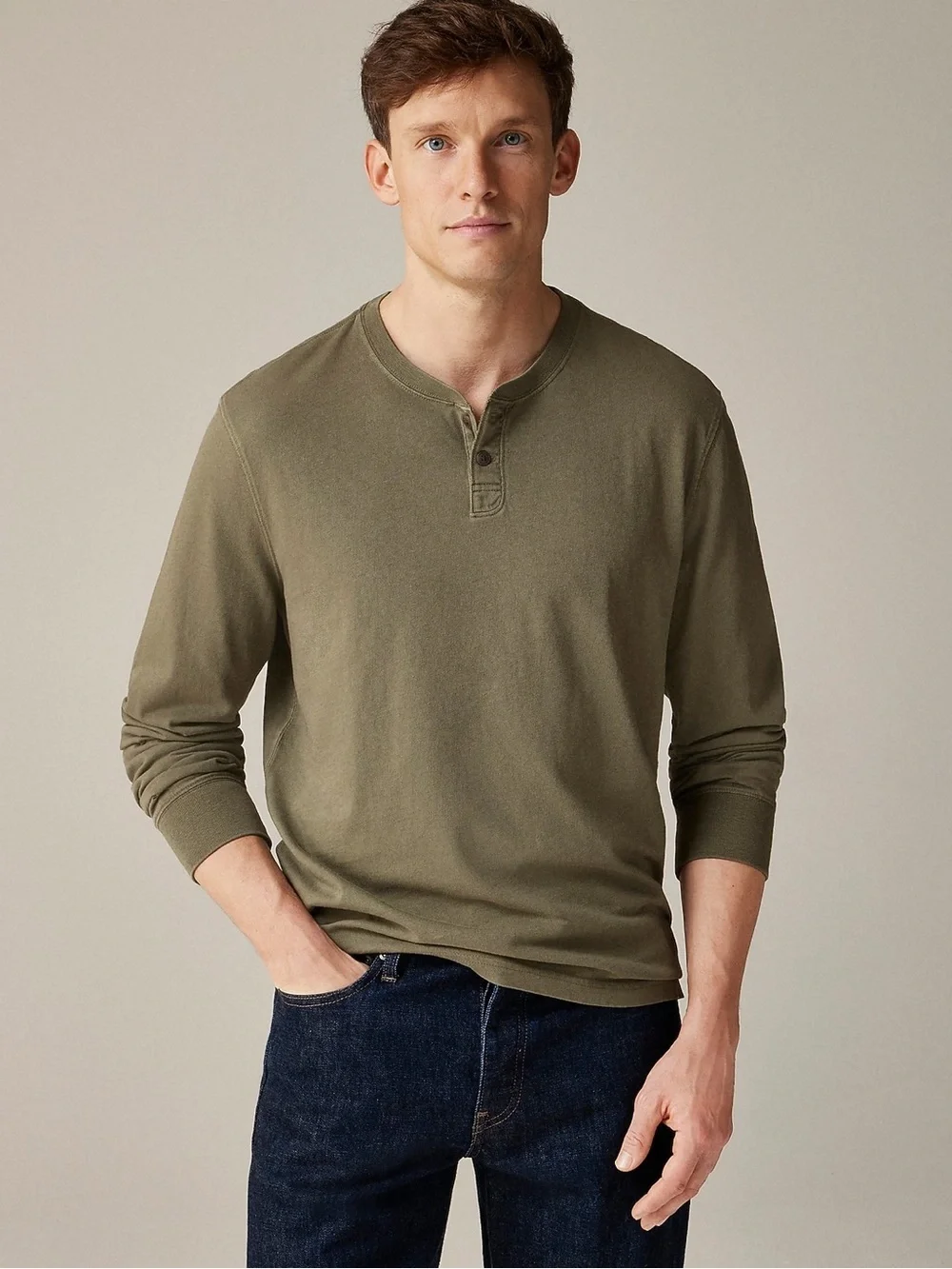 J Crew Men’s Vintage-wash cotton henley Long Sleeve Tee Shirt Olive Green